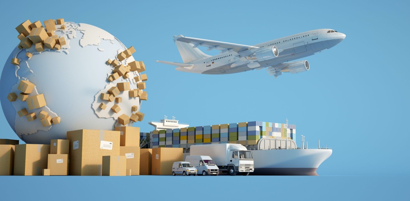 Globe with parcels, aircraft, ship and trucks representing global freight